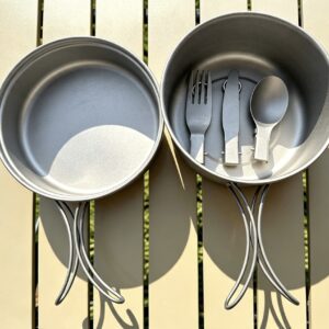 Titanium camping cooking kit with cookware and lightweight utensils