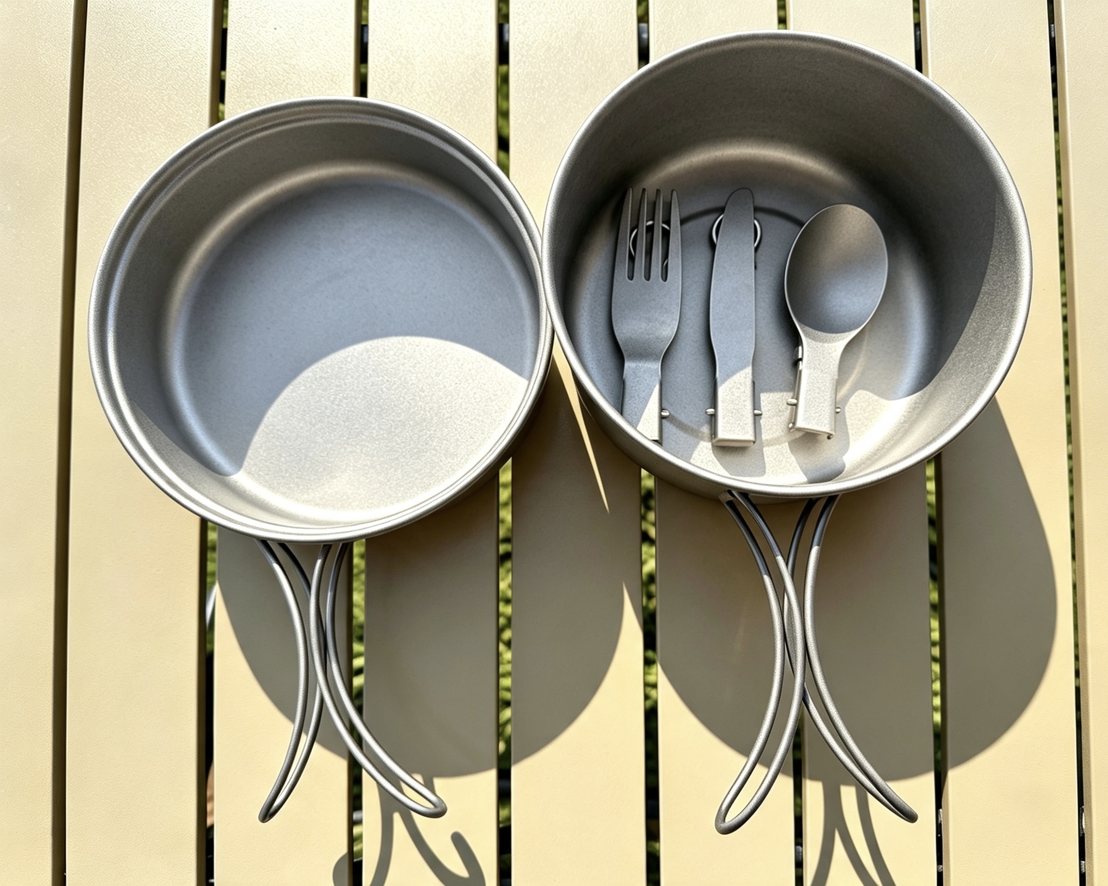 Titanium camping cooking kit with cookware and lightweight utensils