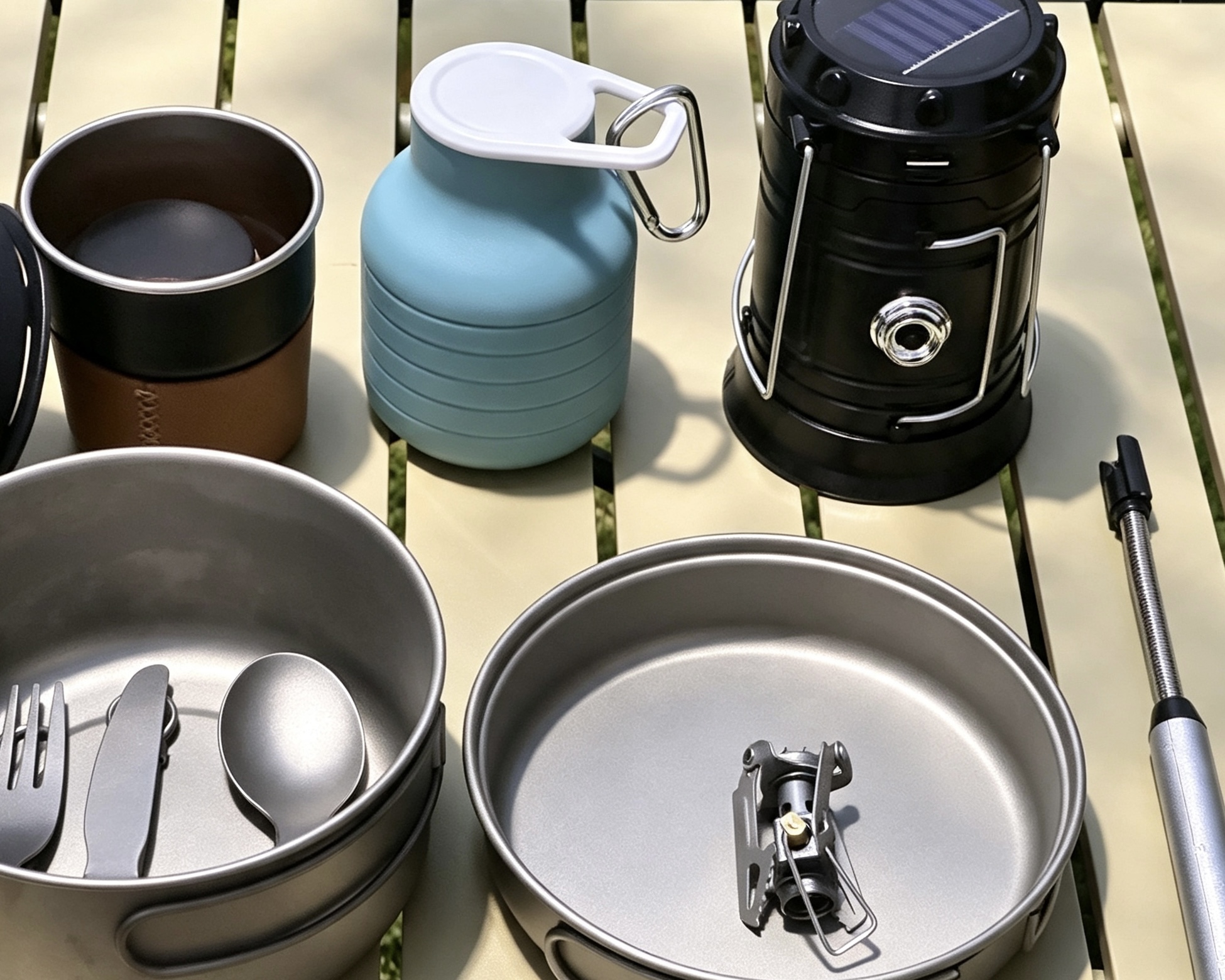 Lightweight camping gear collection with titanium cookware coffee kit and outdoor accessories