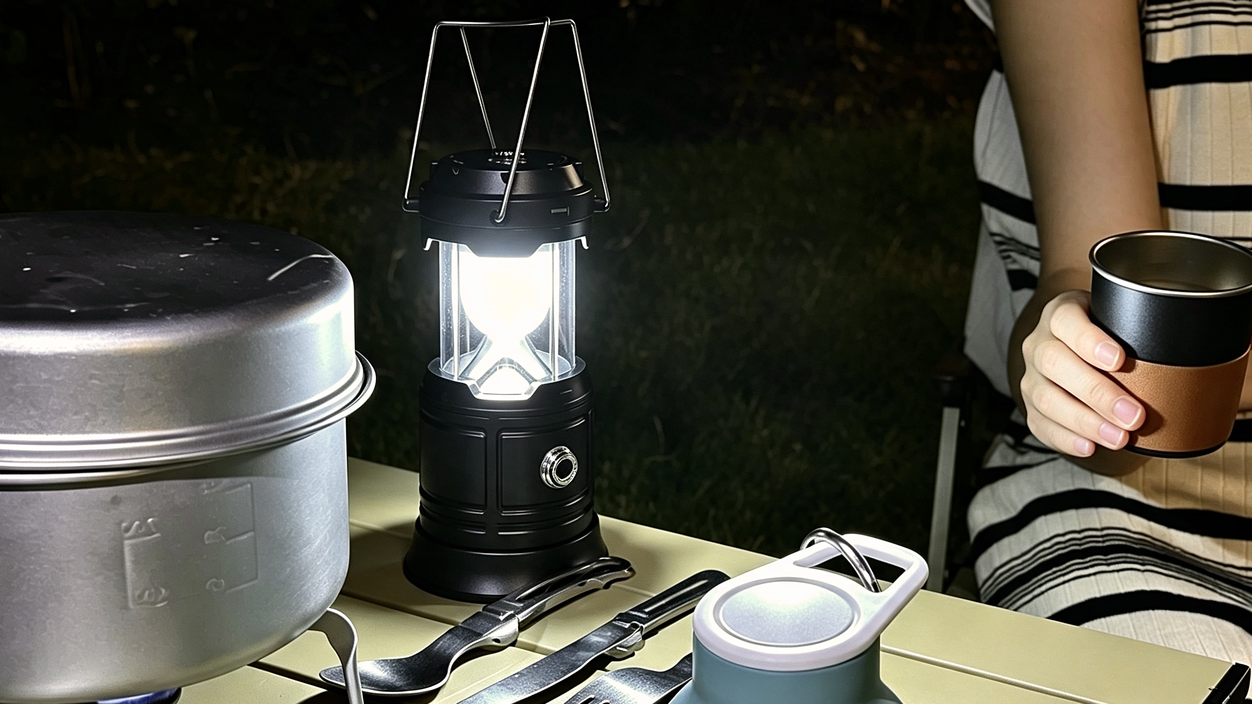 Outdoor camping setup with lightweight cooking gear on a campsite