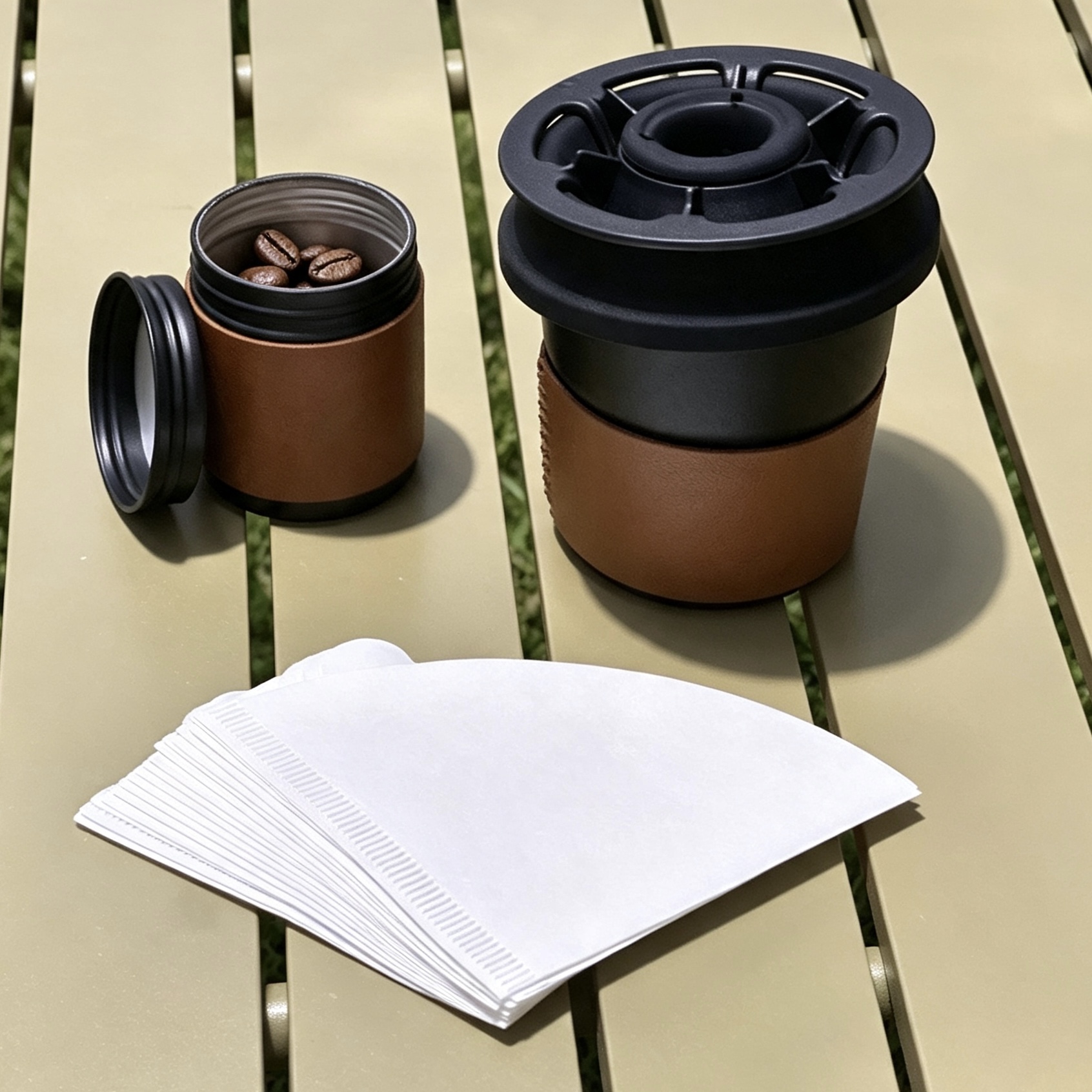 Portable camping coffee kit with pour over brewer and outdoor coffee accessories