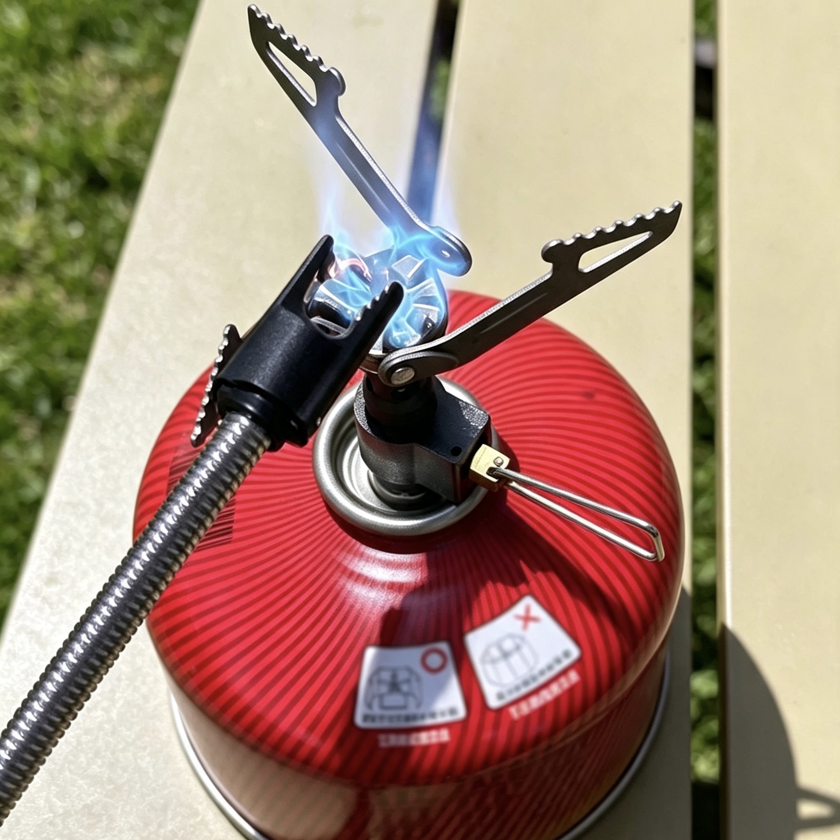 Portable camping igniter lighting a backpacking stove outdoors